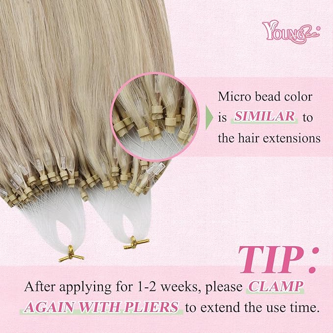 YoungSee Microlink Hair Extensions Human Hair Blonde Micro Beads Hair Extensions Ash Blonde Highlight Bead Hair Extension Real Human Hair 16 Inch Invisible Cold Fusion Hair Extension 50g 50s