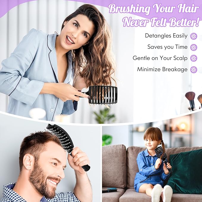URTHEONE Hair Brush,Detangling Hairbrush Boar Bristle Hair Brushes for Women Men Kids Curly Thick Long Short Wet or Dry Hair, Curved Vented Detangler Brush for Faster Blow Drying (Black)