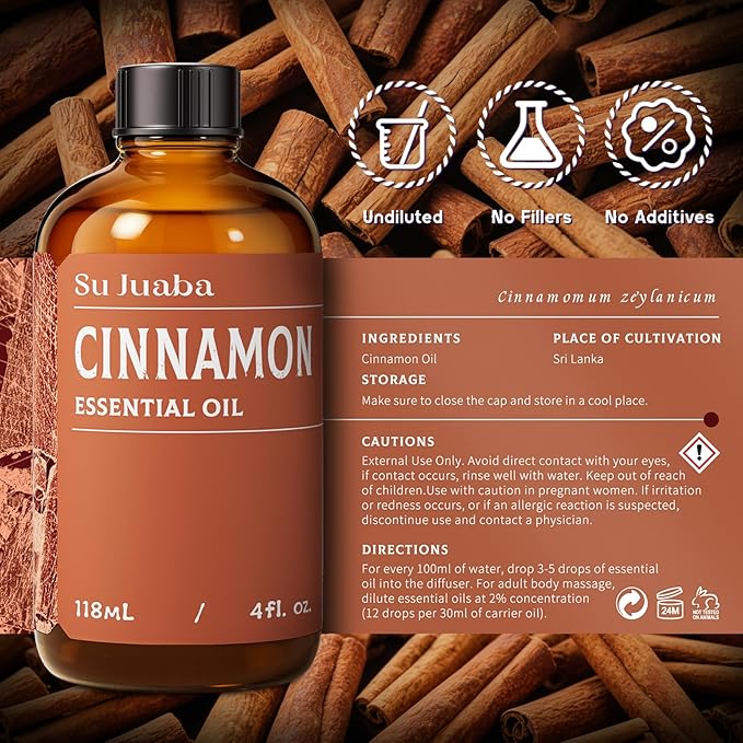 SU JUABA Cinnamon Essential Oil 4 Oz, 100% Pure Natural for Diffuser, Massage, Skin Care, Aromatherapy, DIY Candles, Soaps & Home Cleaning - 118ML