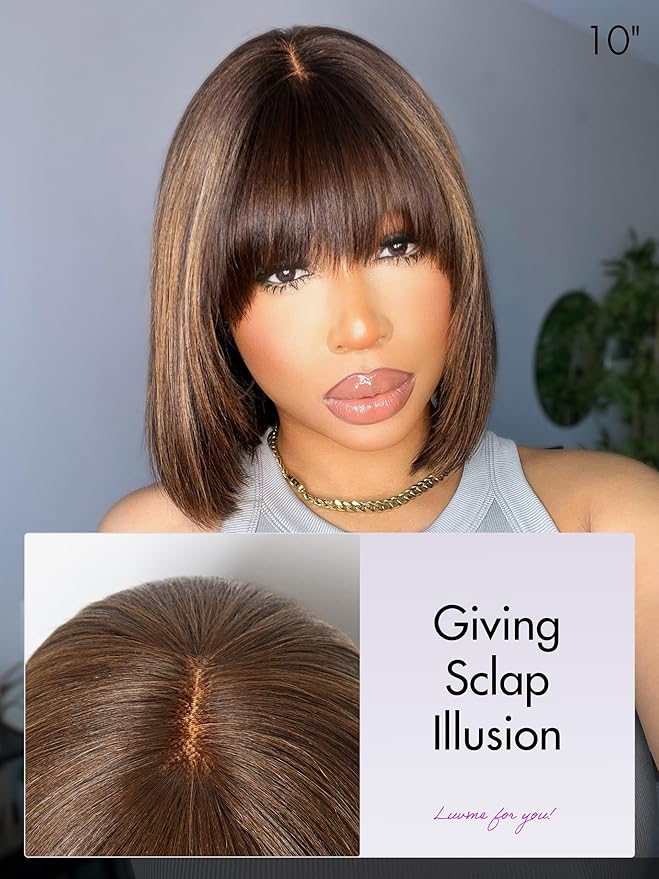 LUVME HAIR 14Inch Ash Blonde Highlights Yaki Blunt Cut Bob Wig with Bangs Glueless Minimalist Lace Short Wig Breathable Cap