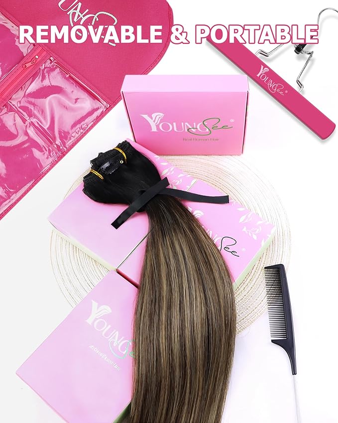 YoungSee Balayage Hair Extensions Clip ins Ombre Black to Brown with Caramel Blonde Clip in Extensions Real Human Hair Ombre Hair Clip on Hair Extensions for Women 20Inch 120G 7Pcs
