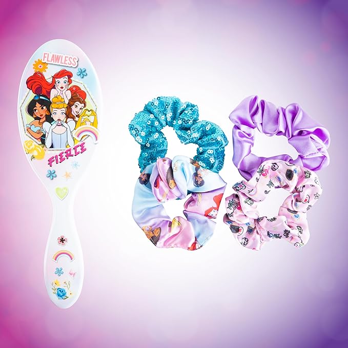 LUV HER Disney Princess Hair Accessory 5 Pcs Set - 1 Large Hairbrush + 4 Scrunchies - Accessories For Girls - Detangling Brush - scrunchies 3 +