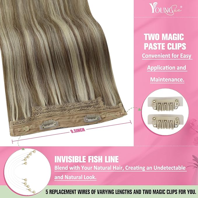 YoungSee 135G Wire Hair Extensions Blonde Fish Line Human Hair Extensions Platinum Blonde with Light Brown Highlights One Piece Hair Extension 24Inch