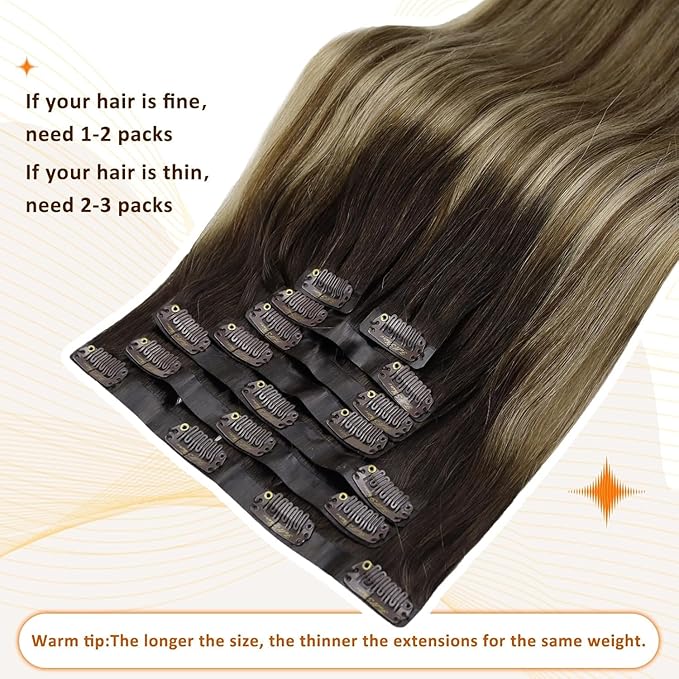 Full Shine Brown Clip in Hair Extensions Balayage Seamless Hair Extensions Clip in Dark Brown Ombre Medium Brown Mix Caramel Blonde Clip ins Remy Hair 18 Inch 120G 8 PCS