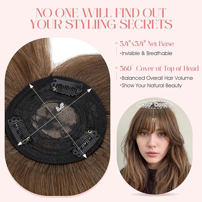 Hairro Mono Hair Toppers with Bangs, 3.4" x 3.4" Mono Base 100% Real Human Hairpieces for Women, 150% Density Clips In Topper for Greyish Thinning Hair, 12 Inch Medium Brown