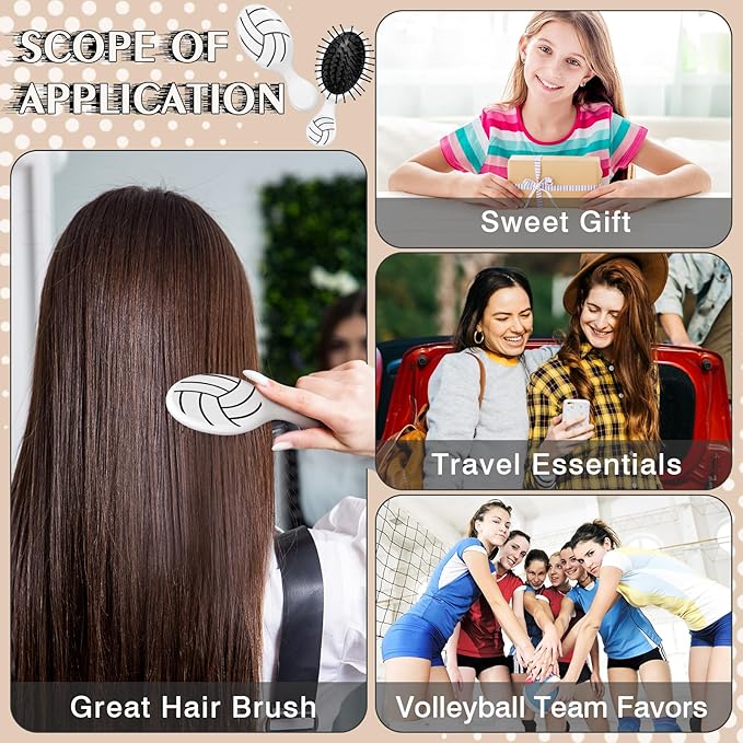 12 Pcs Volleyball Mini Detangler Brush, Mini Travel Hair Brush, Bristles Plastic Detangling Brush,No Tangle Soft Flexible Bristles for Straight, Curly, Thick Hair for Volleyball Team Gift Sport Party