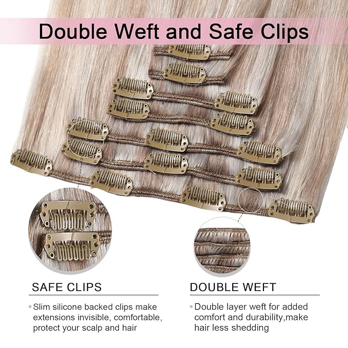 Pro2.0 Clip in Hair Extensions Real Human Hair 22inch 7pcs #18p1000 Ash Blonde with Bleach Blonde Real Hair Extensions Clip in Human Hair 120g Double Weft（#18P1000-22inch）