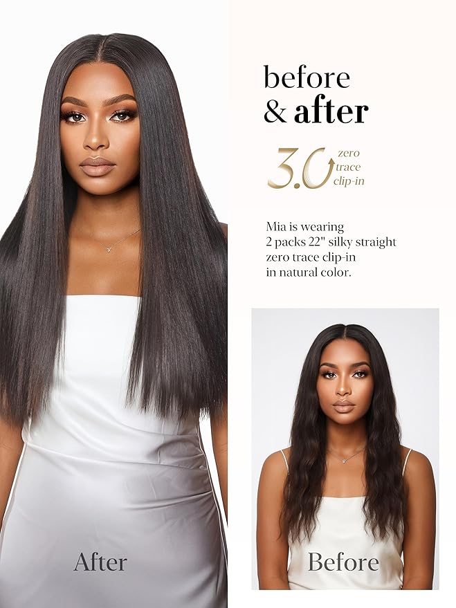 LUVME 0.59mm Zero Trace Invisible Clip in Hair Extensions, Yaki Straight 2 Pack 6 Pcs 100g 22 Inch, 100% Real Human Hair Clip Ins, Seamless Invisible Length for Office, Brunch & Nights Out