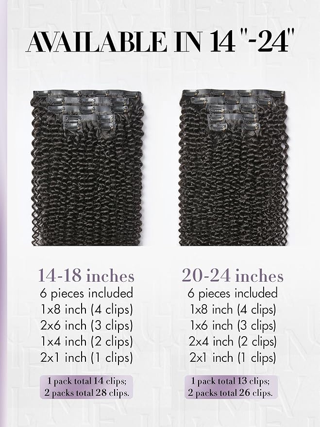LUVME Invisible Clip ins Hair Extensions Deep Kinky Curly Real Human Hair Remy Hair Clip ins for Women, Natural Human Hair, 14 inch 110g 6Pcs, Natural Black