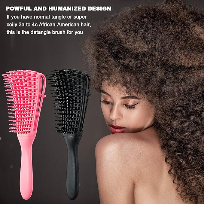 2 Pieces Detangling Brush for Afro America/African Hair Textured 3a to 4c Kinky Wavy/Curly/Coily/Wet/Dry/Oil/Thick/Long Hair, Knots Detangler Easy to Clean (Black, Pink)