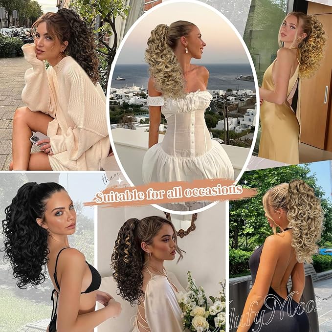 Flufymooz 100％ Pure Protein Ponytail Extension, 18 Inch Curly Claw Clip Ponytail Hair Extensions Natural Soft pony tail hairpiece for women-Natural Black