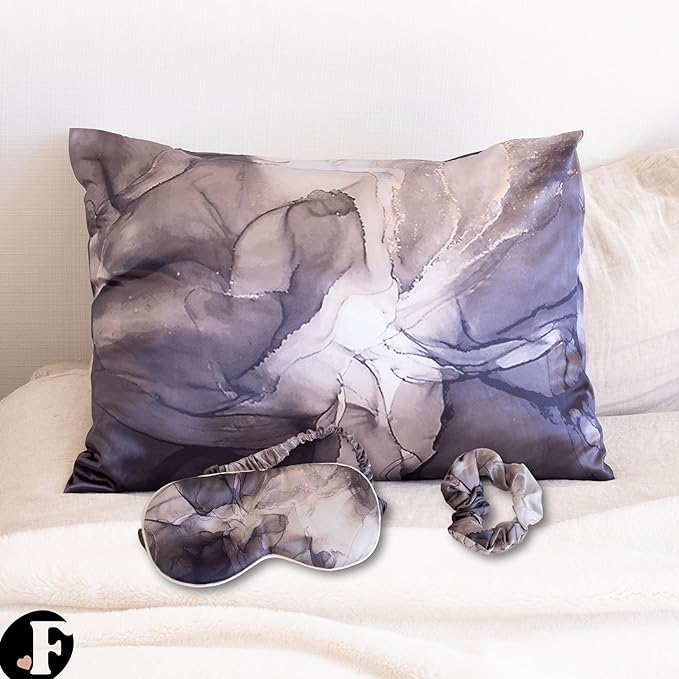 Satin Pillowcase Gift Set for Women – Marble Black, Silky Soft, Reduces Frizz | Includes Satin Eye Mask & Scrunchie | for Curly Hair, Sensitive Skin | Gift for Mom, Daughter, Girlfriend