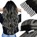 YoungSee Invisible Tape in Hair Extensions Ombre Black Tape on Hair Extensions Human Hair Balayage Black to Silver Remy Hair Extension Tapes for Women Straight Hair Extension 14In 50g 20pcs