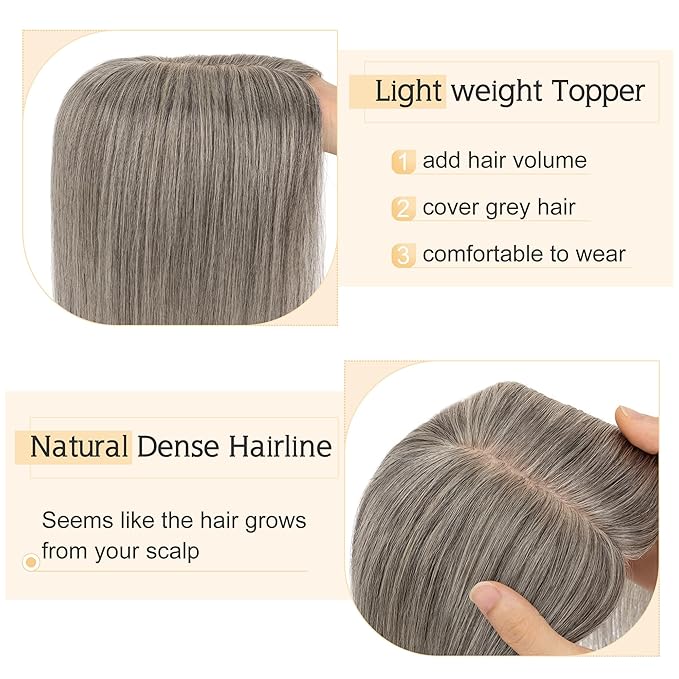 SEGO Grey Hair Toppers for Women Real Human Hair No Bangs, Salt and Pepper Hair Topper, 7 * 13 CM Silk Base Clip In Top Pieces Add Volume -12 Inch G2 Dark Grey Mix