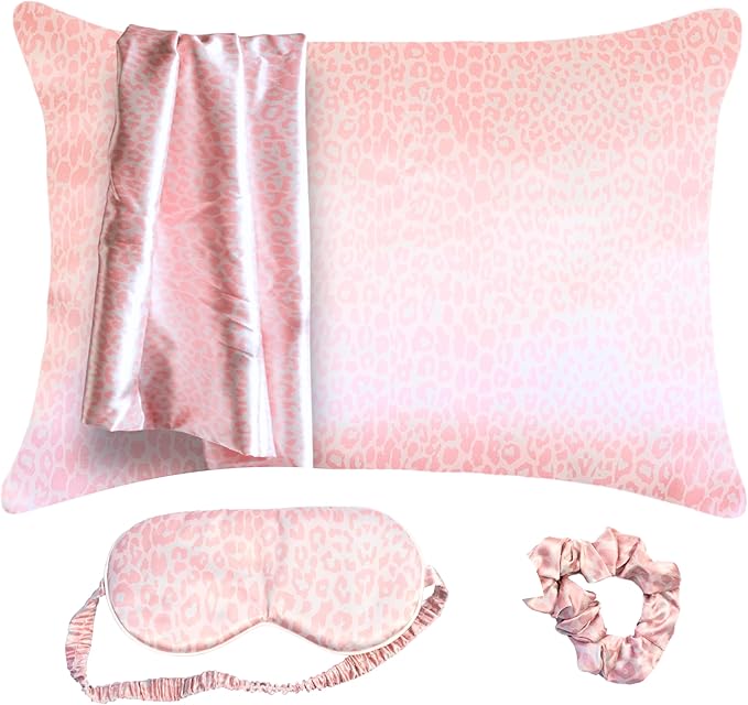 Satin Pillowcase Gift Set for Women – Pink Leopard, Silky Soft, Reduces Frizz | Includes Satin Eye Mask & Scrunchie | for Curly Hair, Sensitive Skin | Gift for Mom, Daughter, Girlfriend
