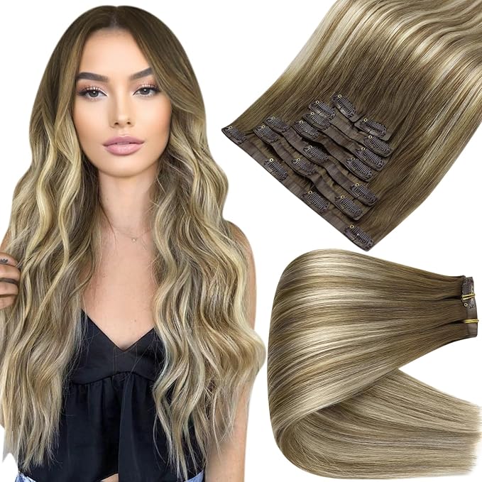 Full Shine Human Hair Clip in Extensions Balayage Straight Clip in Hair Extensions Chestnut Brown Ombre Brown Mix Platinum Blonde Real Human Hair 16 Inch 8 PCS 120 G