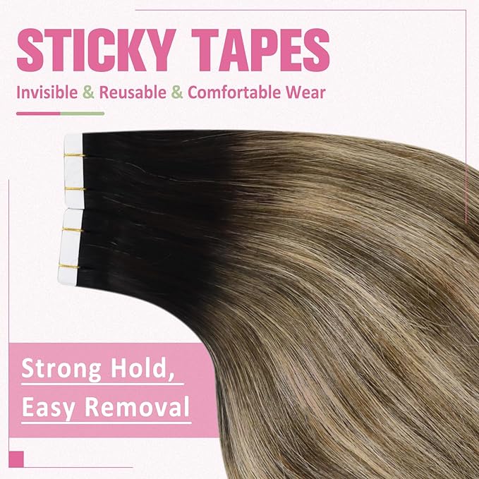 YoungSee Human Hair Tape in Extensions Black Balayage Tape in Hair Extensions Human Hair Black Ombre Brown with Caramel Blonde Tape-in Extension Ombre Hair Extension Tape-in 16 Inch 20pcs 50g