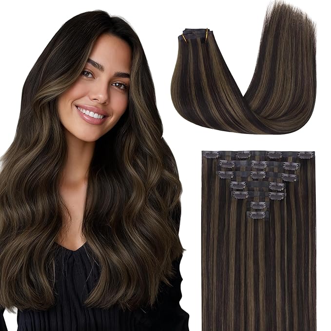 GOO GOO Clip in Hair Extensions Real Human Hair, Remy Human Hair Extensions Clip ins for Women, Natural Human Hair, 12inch 85g 7 Pcs, #2/6 Dark Brown Highlighted Chestnut Brown