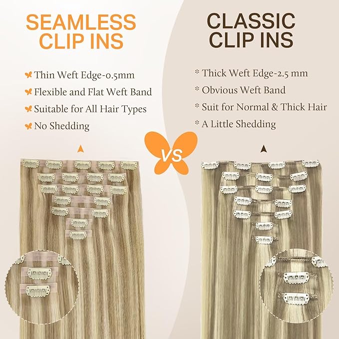 DOORES Human Hair Extensions Seamless Clip in, Light Blonde Highlighted Golden Blonde 150g 7pcs 20 Inch, Virgin Human Hair Clip in Extensions