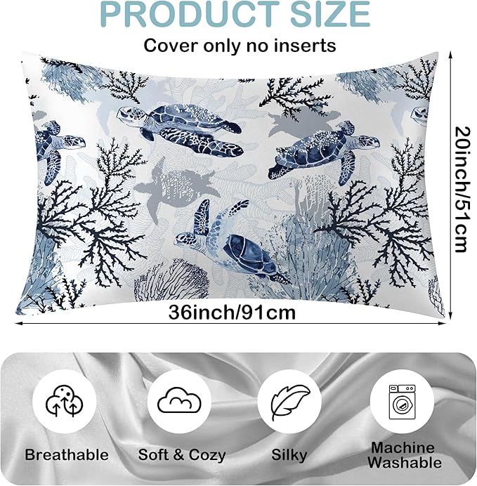 Satin Pillowcase 1 Pack-Nautical Turtle and Corals Silky Pillow Cover for Hair and Skin,King Size 20x36 Inch Soft Cooling Printed Pillow Cases with Hidden Zipper,Gifts for Women Men