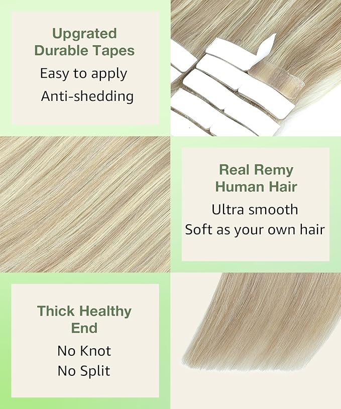 SURNEL Tape in Hair Extensions Ash Blonde Highlight Bleach Blonde Tape in Human Hair Extensions 16 inch 20pcs 50g(#18P613-16)