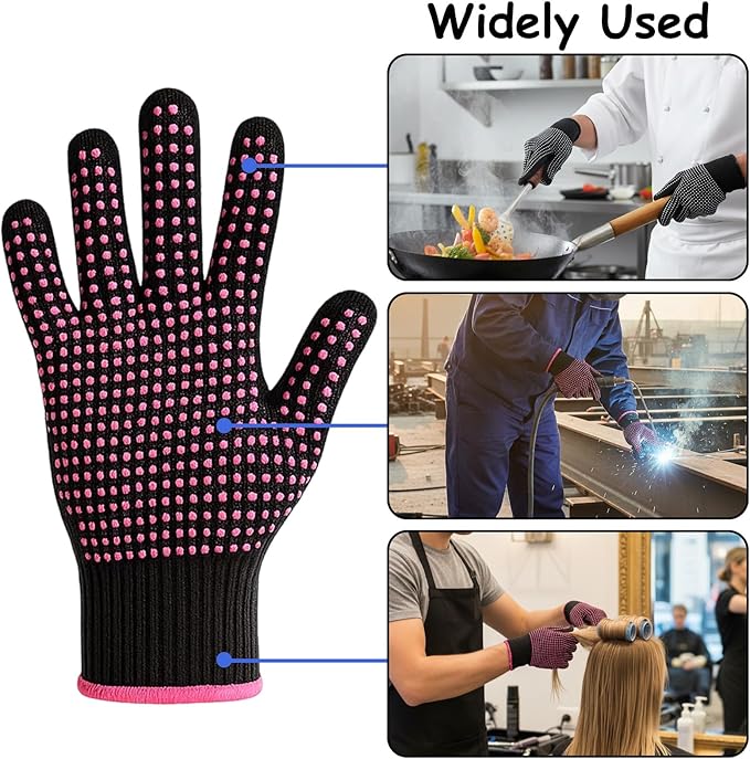 Heat Resistant Gloves for Hair Styling, 2 Pairs Black and Rose Pink, Curling Iron Gloves, Heat Protective Gloves for Hair Stylists, Salon Professionals, Home Use ﻿