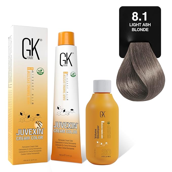 GK HAIR Global Keratin 8.1 Ligt Ash Blonde Hair Color Cream Tube (3.4 Fl Oz/100ml) + 20 Volume Developer (5 Fl Oz/150ml) - Professional Permanent Long Lasting Toner Dye