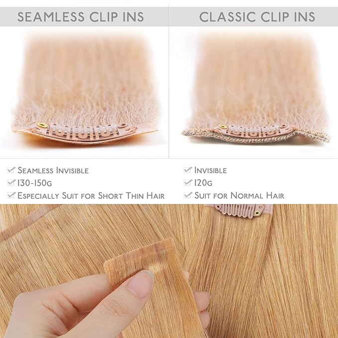 WENNALIFE Seamless Clip In Hair Extensions Human Hair, 12 Inch 80g 7pcs Strawberry Blonde Real Hair Extensions Clip in Human Hair Invisible PU Skin Weft Natural Remy Hair