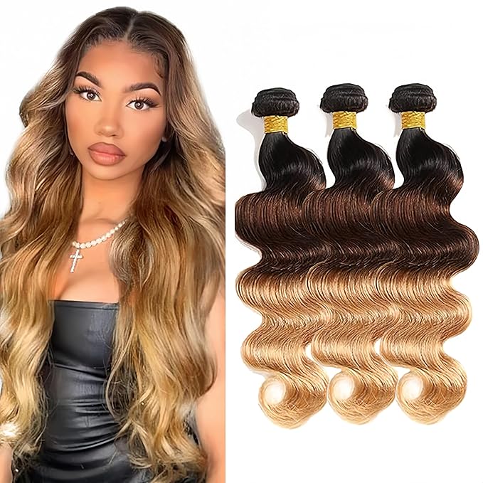 28 30 32 Inch Ombre Bundles Human Hair 4/27 Body Wave Bundles Niegmeag Brazilian Virgin Remy Hair Extensions Double Weft Soft and Silky Ombre Honey Blonde Bundle Hair Weave