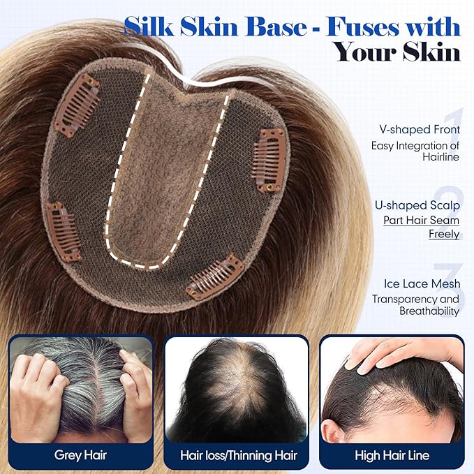 HAIRCUBE Hair Toppers For Women With Thinning 5"*5" Large Base Real Hair Toppers For Women, 14 Inch For Hand-Woven, 60g, Silk, Natural, realistic, Use Daily, Hairloss, Ombre Light Blonde, No Bangs