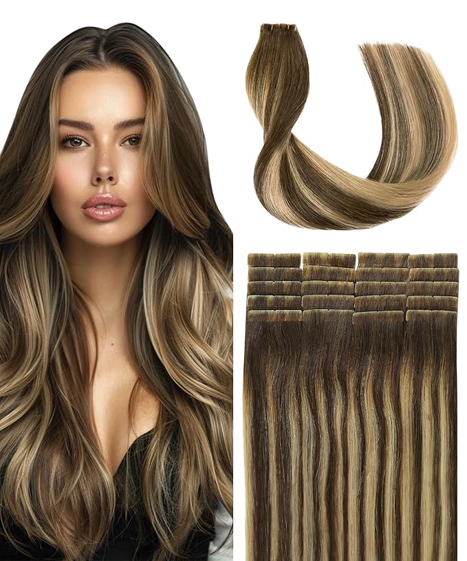 SURNEL Injected Seamless Tape in Extensions Human Hair 20Inch Chocolate Brown to Caramel Blonde Invisible Tape in Extensions 20 Pcs 45g(#4274,20)