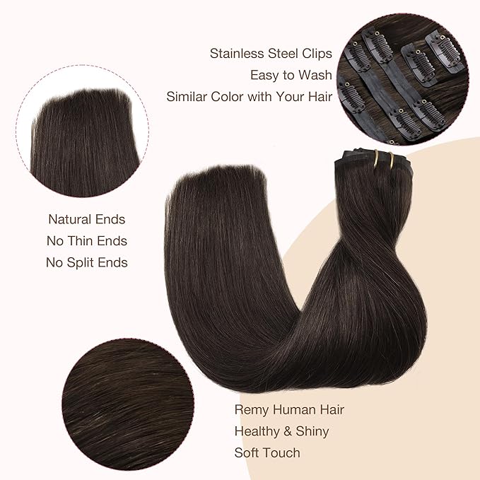 GOO GOO Clip in Hair Extensions Real Human Hair, Remy Human Hair Extensions Clip ins for Women, Natural Human Hair, 24inch 120g 7Pcs, 2A Light Brown