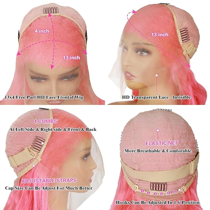Long Hot Pink Wig Human Hair 13x4 200 Density Hd Transparent Body Wave 12A Pink Lace Front Wig For Women Pink Frontal Wigs Colored Hd Lace Wig 26 Inch