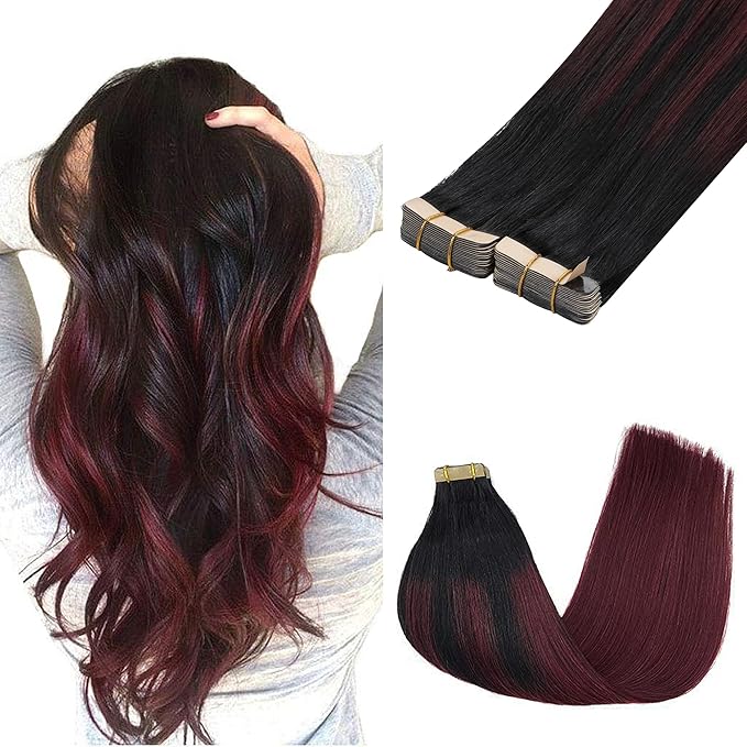 GOO GOO Tape in Hair Extensions Human Hair, 1/99 Balayage Jet Black to Red, 14inch 100g 40pcs, Skin Weft Seamless Invisible, Silky Straight with Thick Ends, Remy Human Hair