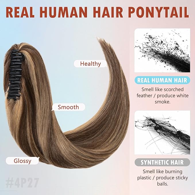 Hairro Claw Clip In Ponytails 100% Real Human Hair Ponytail Hair Extensions Jaw On Ponytail Extensions Jaw/Claw Clips Pony Tail Hairpieces For Women 16 Inch 105g #4P27 Medium Brown Mix Dark Blonde