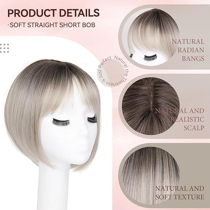 LEEONS Hair Toppers for Women with Bangs Short Bob Synthetic Hair Pieces for Thinning Hair Side Part (Mixed Ivory Blonde with Dark Root)