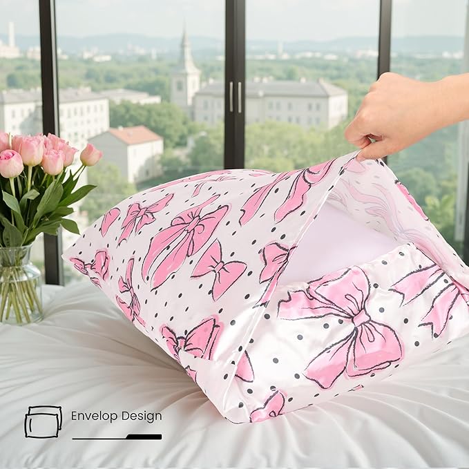 Bow Pink Satin Pillowcase for Hair & Skin Care, Standard Size Set of 2 - Luxurious Satin Pillow Cover with Envelope Closure(20x26 Inches)