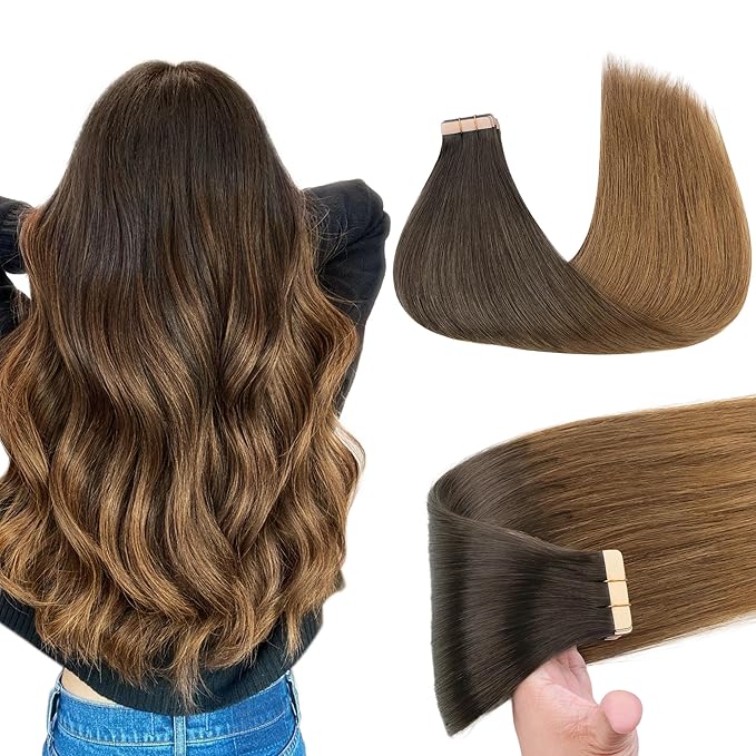 GOO GOO Tape in Hair Extensions Human Hair, 1D/2C/4E Chocolate Dip Color Melt, 12inch 40g 20pcs, Skin Weft Seamless Invisible, Silky Straight with Thick Ends, Remy Human Hair