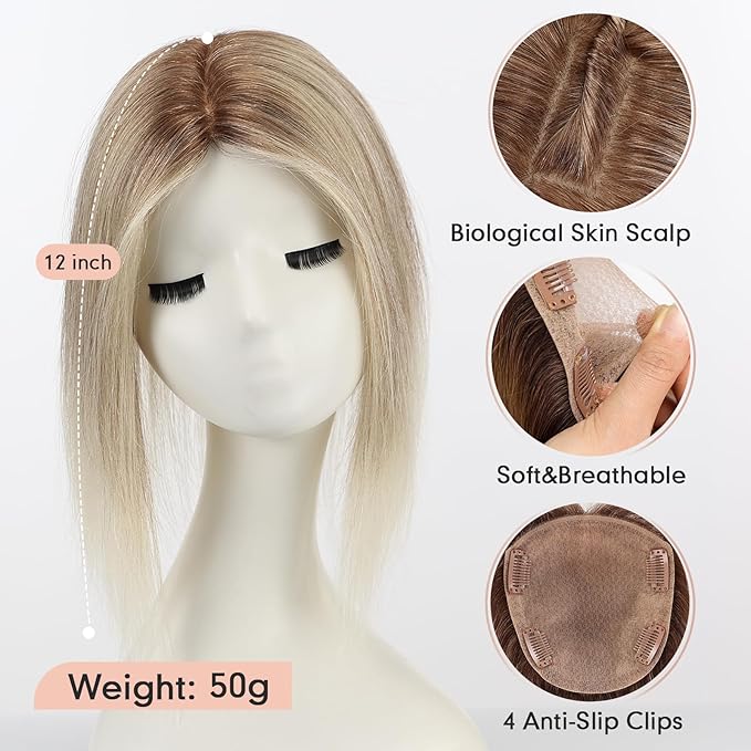 starluck Hair Toppers for Women Real Human Hair 5"*5.5"Large Coverage Gray Brown & Platinum Blonde No Bangs 100% Real Human Hairtoppers for Women with Thinning Hair Cover Gray Roots