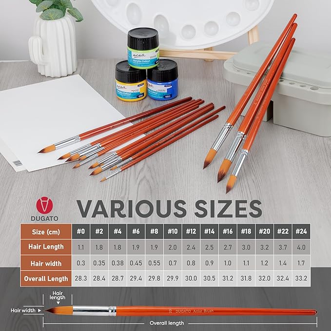 DUGATO Professional Artist Round Paint Brush Set (13pc) - Long Handle Round Pointed Tip, Anti-Shedding Nylon for Watercolor, Acrylic, Oil, Gouache, Ink & Tempera