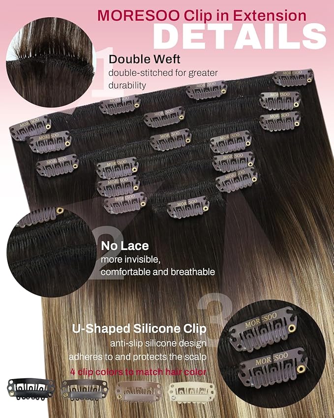 Moresoo Clip in Hair Extensions Balayage Remy Straight Human Hair Extensions Clip in Ombre Dark Brown Mixed Medium Brown with Blonde Full Head 7 Pieces 120G 18 Inch