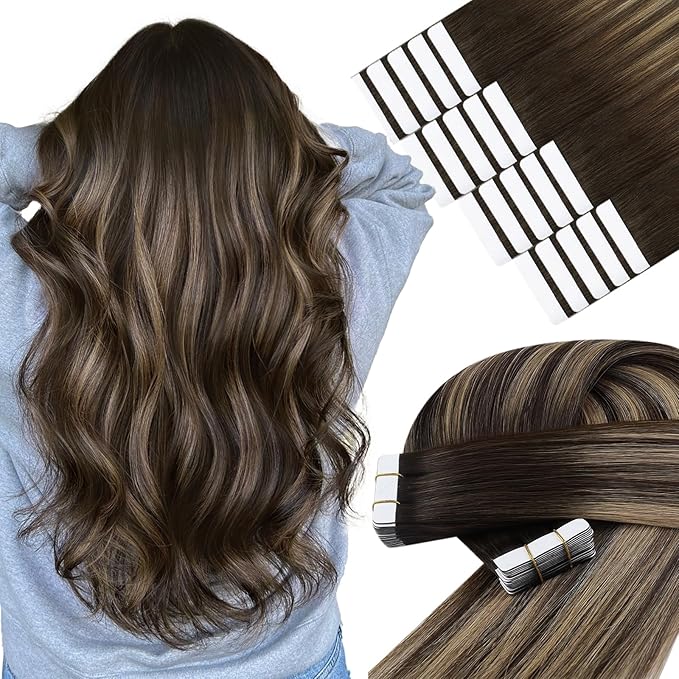YoungSee Tape in Extensions Human Hair Brown Balayage Human Hair Tape in Extensions Dark Brown to Caramel Blonde Ombre Tape in Extension 18 Inch Adhesive Hair Extension for Natural Looking 20pcs 50g