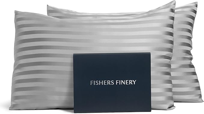 Fishers Finery 25mm 100% Pure Mulberry Silk Pillowcase 2 Pack (Gray Stripe Standard 2 Pack)