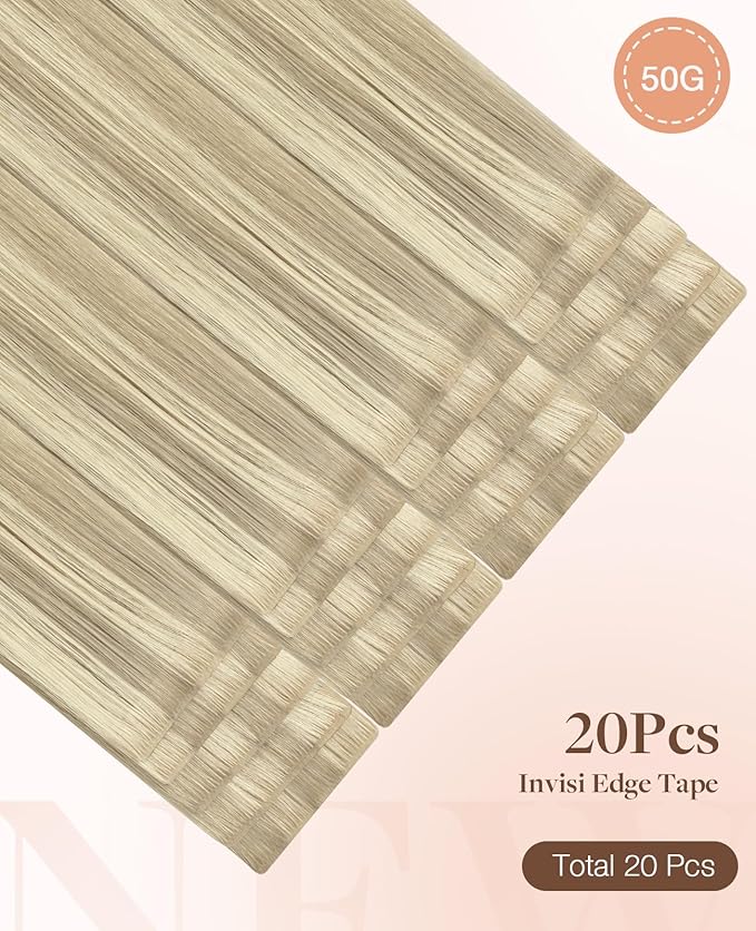 GOO GOO Invisi Edge Tape in Hair Extensions Human Hair, 17A/60A Ash Blonde Highlighted Platinum Blonde, 20pcs 24inch 50g, Virgin Remy Hair, Seamless Injected Tape, Natural Look