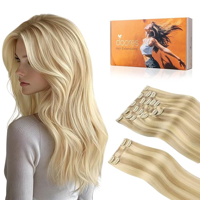 DOORES Human Hair Extensions Clip in, Dirty Blonde Highlight Golden Blonde 150g 9pcs 22 Inch Remy Natural Straight Silky