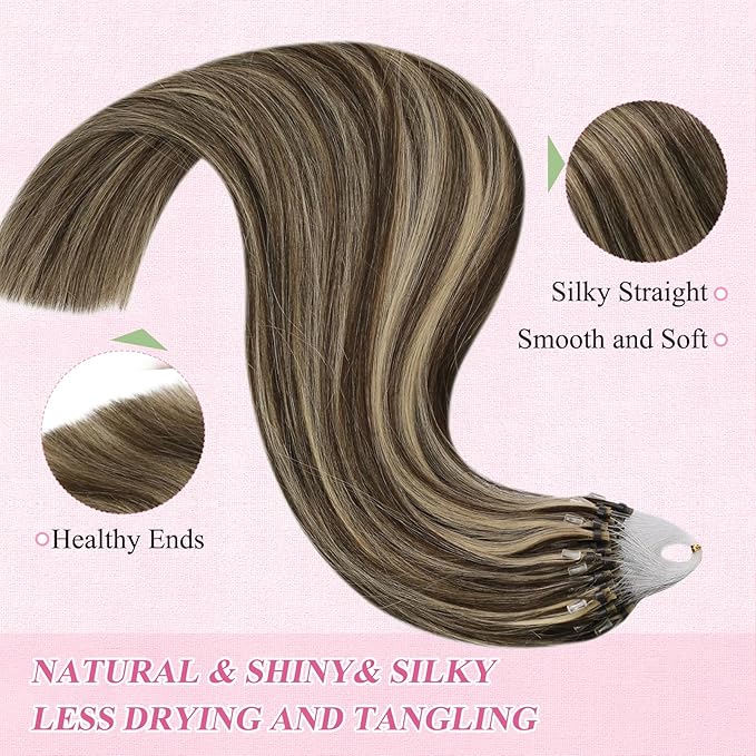 YoungSee Micro Bead Hair Extensions Real Human Hair Brown Highlight Micro Ring Hair Extensions Dark Brown Highlight Blonde Microlink Hair Extension Human Hair Beaded Hair Extension 18In 50s 50g