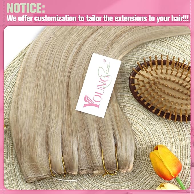 YoungSee 120g Wire Hair Extensions Real Human Hair Ash Blonde Highlights Bleach Blonde Wire Human Hair Extensions for Women Invisible Headband Hair Extension Human Hair 16Inch