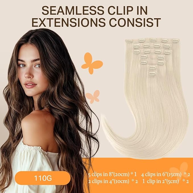 DOORES Seamless Clip in Real Human Hair Extensions, Platinum Blonde 7pcs 110g 20 Inch, Remy Straight Hair Skin Weft Natural Invisi Edge