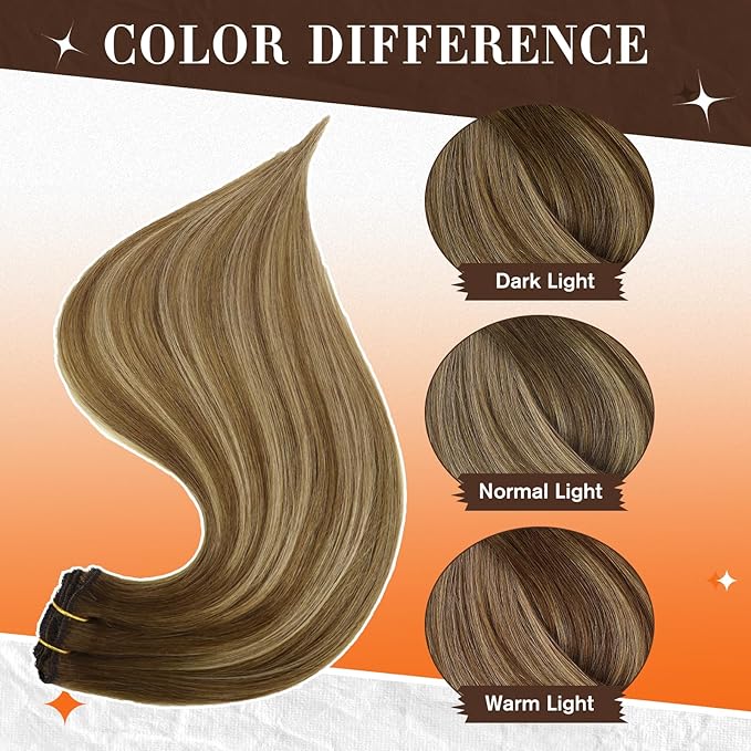 Full Shine Clip in Extensions for Women Human Hair Medium Brown Fading to Blonde and Brown Highlighted Seamless Hair Extensions Clip in Softness 18 Inch 3 PCS 60 G