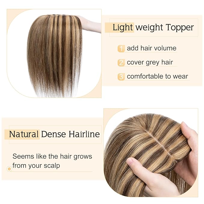 SEGO Human Hair Toppers for Women With Thinning Hair, 7 * 13CM Silk Base 100% Real Human Hair Clip in Top Wiglet Hairpieces /8 Inch No Bangs Medium Brown&Dark Blonde